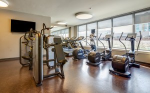 A 24/7 gym is just one of many amenities.